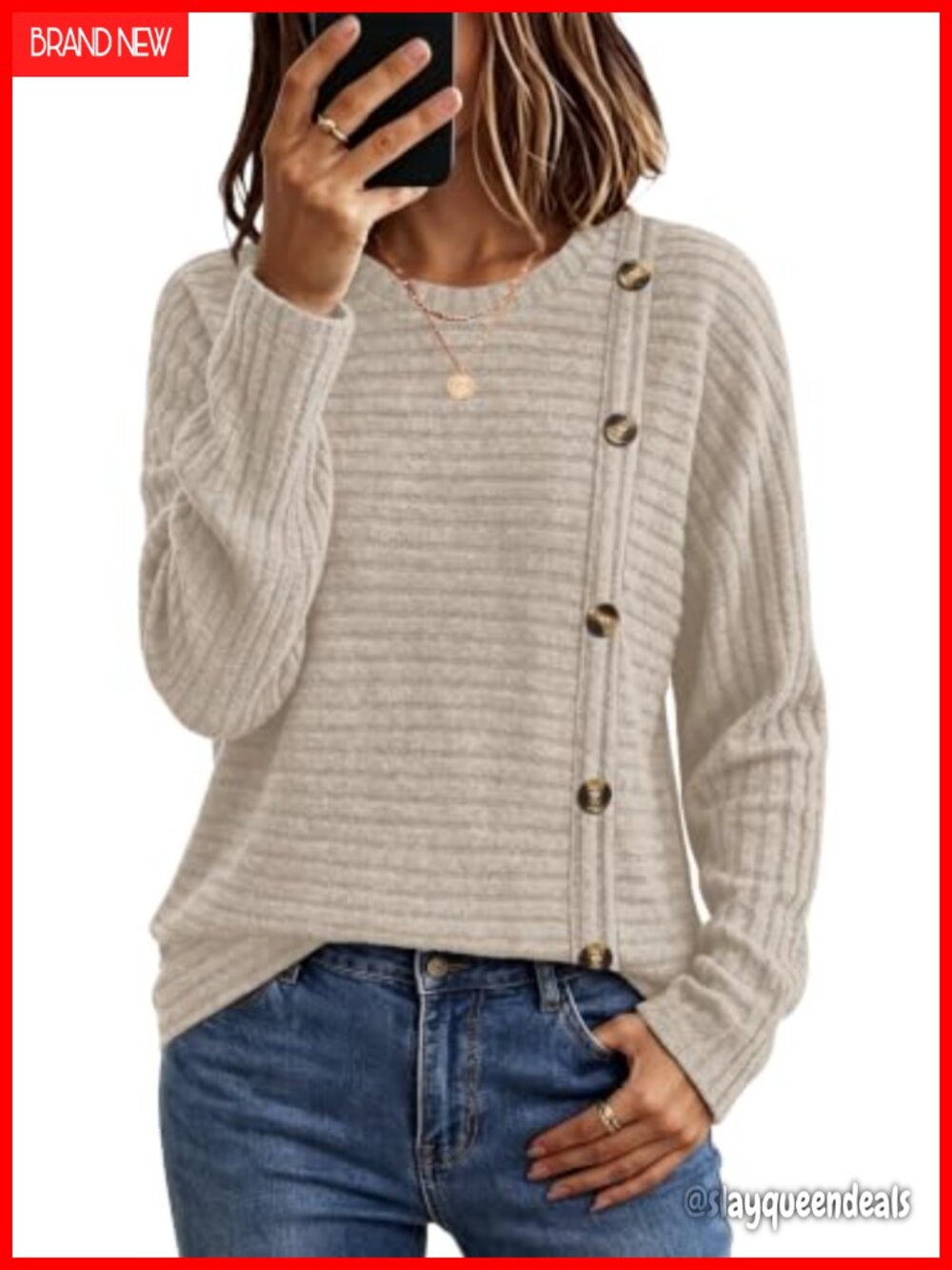 Womens Textured Knit Tunic Top Long Sleeve Crew Neck Button Detail